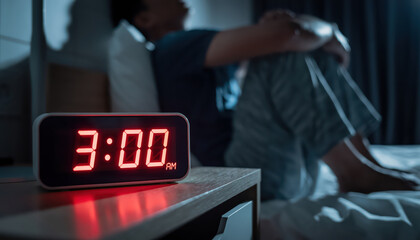 Man sitting on bed at 3:00 AM with digital clock in focus, symbolizing insomnia, anxiety, sleep disorder, or overthinking. Ideal for mental health, sleep aid, stress, and lifestyle-related content.