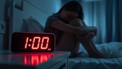 Woman sitting on bed at 1:00 AM with digital clock glowing, portraying insomnia, anxiety, depression, or emotional distress. Ideal for content about mental health, stress