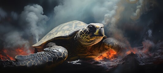 a light big island turtle , coming out of the smoke,generative AI