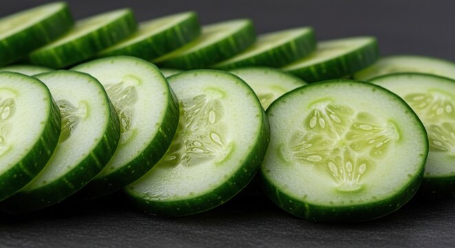 Fresh, vibrant green cucumber slices arranged neatly, highlighting healthy eating, crisp texture, and natural organic vegetables ,ingredient ,close-up ,diet