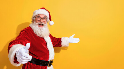 Santa invites everyone to follow him and greets with a joyful smile and open arms against a bright yellow background during the festive holiday season