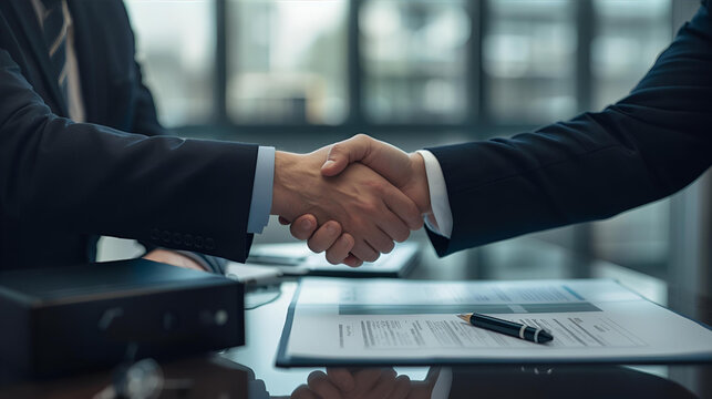 two men handshaking hands after signing an agreement contract in a business suit in an office setting