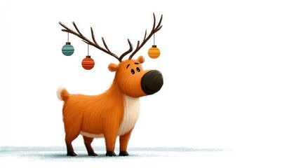 Fototapeta premium Adorable cartoon reindeer standing with Christmas ornaments, copy space