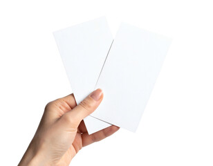 Elegant hand holding two blank white cards for mockups, invitations, branding or promotional materials with copy space