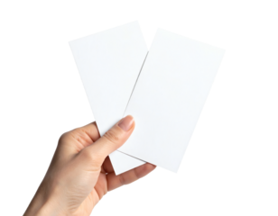 Elegant hand holding two blank white cards for mockups, invitations, branding or promotional materials with copy space