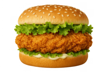 Building a delicious crispy fried chicken sandwich, featuring a golden breaded patty, green lettuce, and white sauce