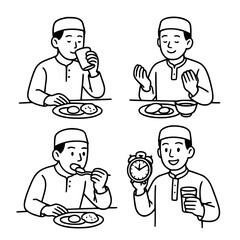 Vector illustration of a man breaking his fast or eating sahur, outline version