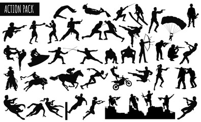 Dynamic Actions in Silhouette: a silhouette collection of individuals engaged in an array of energetic activities, from martial arts, extreme sports & action. Perfect designs for cinema or  movies 