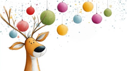 Fototapeta premium Whimsical reindeer celebrating christmas with colorful baubles, copy space, greeting card