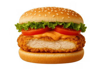 Crispy fried chicken sandwich with lettuce, tomatoes, and spicy sauce on a sesame seed bun, isolated with transparent background