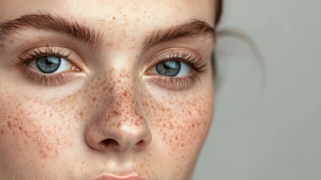 A portrait of a young adult with prominent facial features including blue eyes, rosy cheeks, and numerous freckles. The individual appears to have fair skin and is looking slightly downwards.