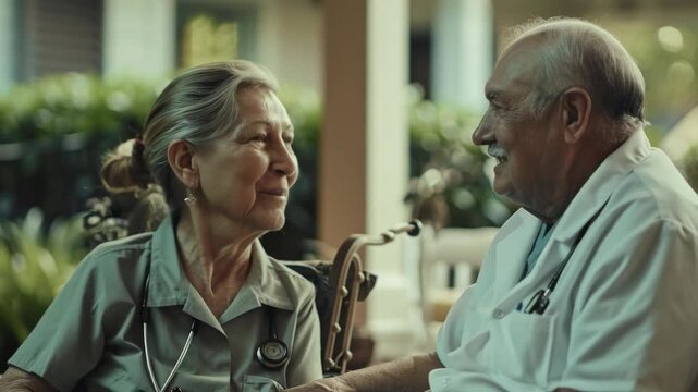An elderly couple shares a warm moment, smiling and engaging in conversation while seated at an outdoor table.