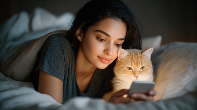Woman lying with her ginger cat in bed at night, illuminated by smartphone screen