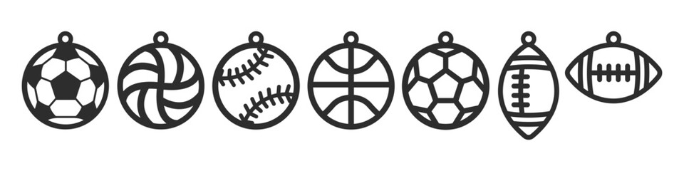 Sports balls designs for earrings, pendant, bracelet or keychain. Soccer, volleyball, baseball, basketball, football, rugby. Jewelry laser cut template for leather, wood and metal. Hanging bijouterie