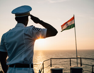Rear view of a maritime officer in uniform saluting the flag of India at sea against a golden sunset. Commemorating Indian Navy Day