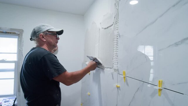 Man Installing Ceramic Tiles In Bathroom During Home Renovation. A Homeowner Renovates His Newly Bought House, Carefully Applying Tiles On The Bathroom Wall As Part Of A Major Remodeling Project.