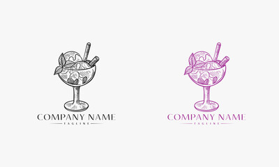 Hand drawn Ice cream shop label Logo. Vintage different ice cream element. Cold desserts and ice cream object. Vector element for design
