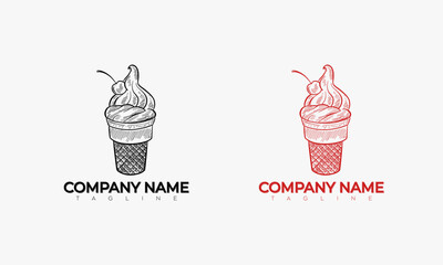 Hand drawn Ice cream shop label Logo. Vintage different ice cream element. Cold desserts and ice cream object. Vector element for design