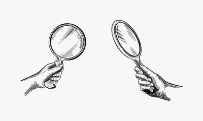 Hand holding a mirror. Black and white ink illustration