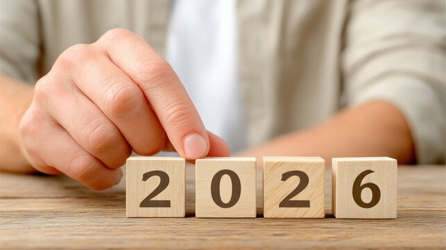 Person hand arranging wooden toy blocks on table, spelling out numerical new year 2026