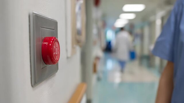 Healthcare professional fitting a personal emergency alert button on a hospital wall designed for quick activation during medical emergencies.