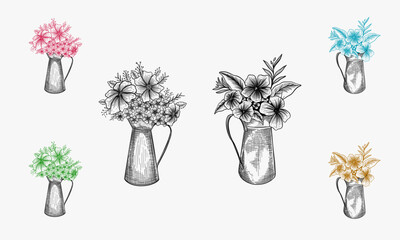 Bouquet of daffodils in a teapot. Sketch. Engraving style. Vector illustration