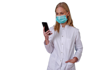 Healthcare professional wearing a surgical mask checking her mobile phone, providing teleconsultation, transparent background
