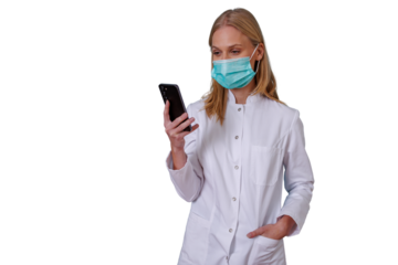 Healthcare professional wearing a surgical mask checking her mobile phone, providing teleconsultation, transparent background