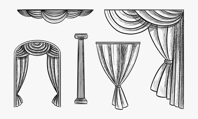 hand drawn Curtain sketch. Vector set. Isolated