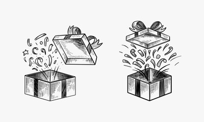 Set of Open gift box. Hand drawn illustration converted to vector. Isolated