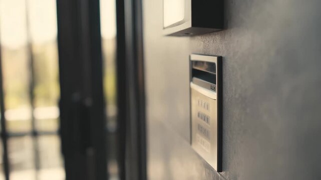 Closeup of an employee swiping a security card at a digital access control reader for authorized building entry.