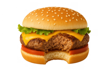 Cheeseburger with a bite taken out, showing an unfinished bun, patty, cheese, lettuce, and tomato on transparent background