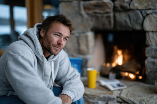A man in a grey hoodie is seated by a fireplace, engaging with thoughtful reflections. He gazes off into the distance, embodying a moment of tranquility.