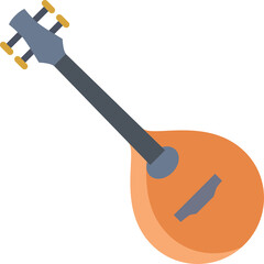 A stylized illustration of a brown banjo with a grey neck and yellow tuning pegs on a white background, featuring a simple flat design and clean lines suitable for graphic design and music-related