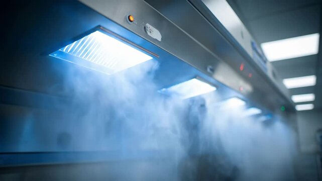 Medium shot of a fume hood with localized ventilation capturing harmful airborne particles directly at the source in a laboratory setting