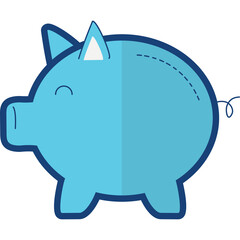 A Stylized Blue Piggy Bank with a Dark Blue Outline on a Transparent Background Featuring a Small Triangle Ear and Curved Lines Suggesting a Smile