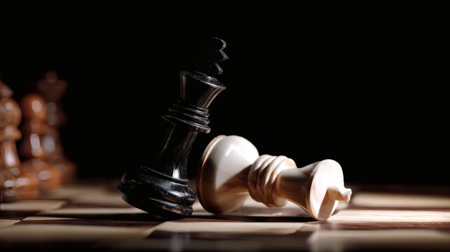 checkmate. Black chess queen piece knocking over white king on a wooden chessboard. lifestyle magazines, social media lookbooks, designed for lifestyle magazines and social media content.