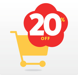20% off, market, promo, sale, special, store, advertising. Discount, offer, design, poster, clearance, retail, shopping cart, sign, tag, market, advertisement, annual, banner. Vector, set, icon