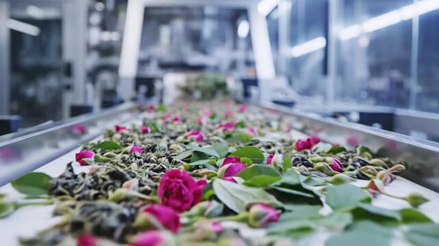 Pink rose buds and green leaves on a clean white conveyor belt, blurred industrial background