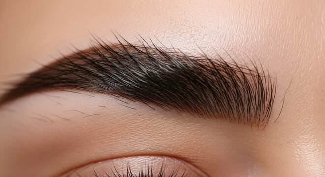An extreme close-up macro shot of a perfectly shaped and styled eyebrow, showcasing the popular beauty trend of brow lamination.