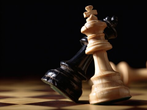 checkmate. Black chess queen piece knocking over white king on a wooden chessboard. lifestyle magazines, social media lookbooks, designed for lifestyle magazines and social media content.