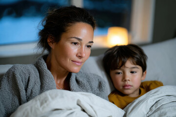 A serene and cozy moment captured between a mother and her son as they snuggle under warm blankets, reflecting comfort, love, and a close familial bond on a quiet evening.