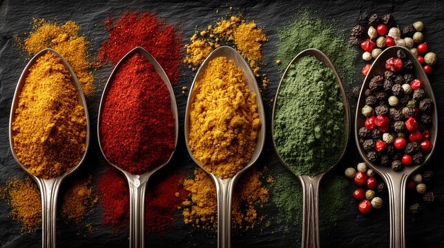 assorted colorful spices and peppercorns in vintage metal spoons
 - Powered by Adobe