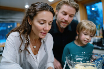 Obraz premium A vibrant family moment captured in a bustling kitchen where a mother, father, and child bake together, showcasing love, togetherness, and the joy of creating delicious treats.