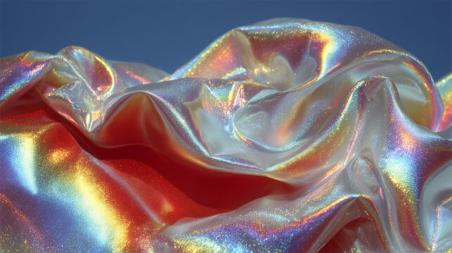 iridescent holographic satin fabric with colorful light reflections
