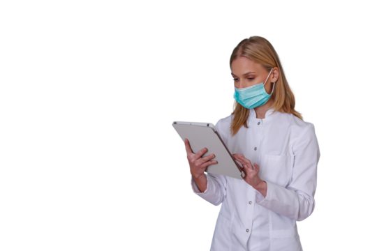 Medical worker reviewing patient data on a tablet. Blended for easy compositing and customization on a transparent background