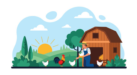 Flat vector illustration of peaceful morning at a village farm with farmer feeding chickens near barn. Solid warm tones, soft sky, no gradients, concept of simple rural life