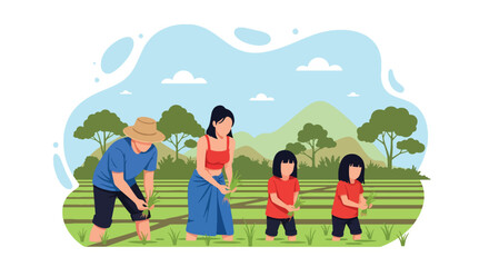Flat vector illustration of family planting rice in lush green paddy field under blue sky. Solid bright tones, no gradients, concept of teamwork and traditional countryside life