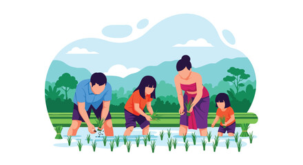 Flat vector illustration of family planting rice in lush green paddy field under blue sky. Solid bright tones, no gradients, concept of teamwork and traditional countryside life