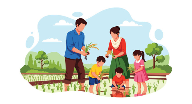 Flat vector illustration of family planting rice in lush green paddy field under blue sky. Solid bright tones, no gradients, concept of teamwork and traditional countryside life
